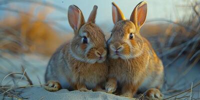 A pair of brown rabbits are perched side by side on a boulder photo
