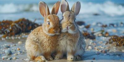 Two rabbits are relaxing on a sandy beach by the sea under the sun photo