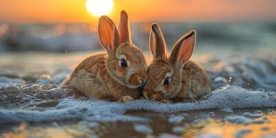 Two rabbits swim in the ocean at sunset, among water and sky photo