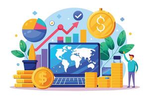 A colorful illustration depicting global business growth and financial success with a laptop, charts, and a man standing on a pile of coins. vector