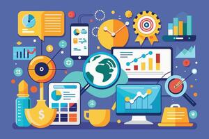 An illustration depicting various aspects of digital marketing with colorful charts, graphs, and icons representing data analysis, social media, and online advertising. vector