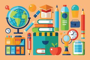 A colorful flat design illustration featuring various school supplies, including a globe, pencils, books, a clock, and an apple. vector