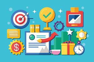 A colorful flat design illustration depicting business success and growth, featuring icons like a target, a trophy, a check mark, a rising graph, a gift, a clock, a document, and gears. vector