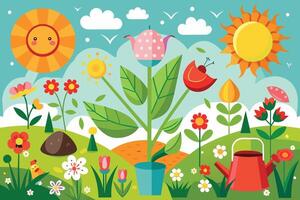 A cheerful illustration of a garden full of colorful flowers, a smiling sun, and a watering can. vector