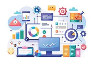 A vibrant illustration showing a modern business data analysis process with charts, graphs, and digital elements for data visualization. vector