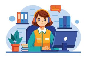 An illustration of a woman wearing headphones while working on her computer in an office. vector