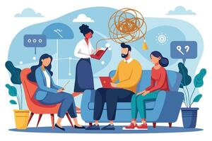 Illustration of therapist with 3 clients in therapy session. Clients sit on couch and chair, therapist stands listening and advising. vector