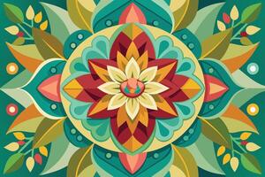Vibrant mandala art with a central flower, swirling petals, and intricate patterns in bold flat style. Teal background with pops of yellow and red. vector