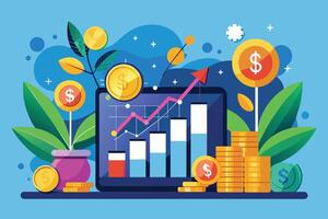 This illustration shows a bar chart with an upward trend and multiple stacks of coins, symbolizing financial growth. vector