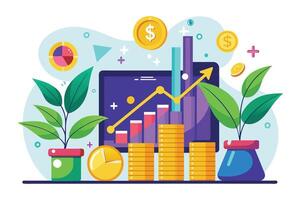 An illustration depicts financial success with a bar chart, a rising arrow, and stacks of gold coins. vector