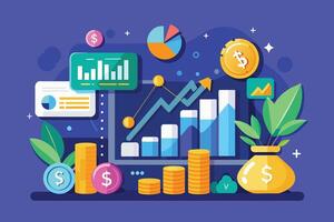 A digital illustration depicting financial growth with an upward trending chart, stacks of coins, and a money bag. vector
