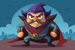 A cartoon character with a purple hood and red cape stands with an angry expression in front of a city skyline. vector