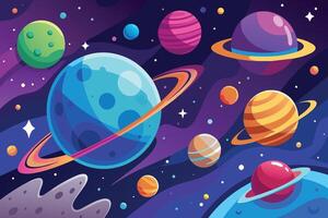 A vibrant illustration depicting colorful planets with rings orbiting in a galaxy filled with twinkling stars. vector