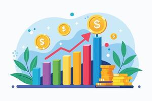 An illustration depicting financial growth with a colorful bar graph that ascends upward, symbolizing profitability and success. vector