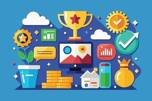 An illustration of digital marketing success with icons representing various aspects such as ranking, website traffic, social media, SEO, and more. vector
