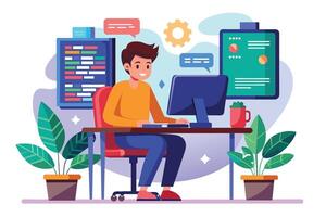 An illustration depicting a smiling programmer working at his desk, using a computer with charts and data on the screen. vector