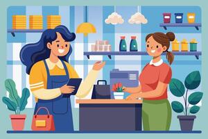 A cheerful woman stands at a checkout counter in a small store, purchasing a potted plant from a smiling shopkeeper who holds a tablet in her hand. vector