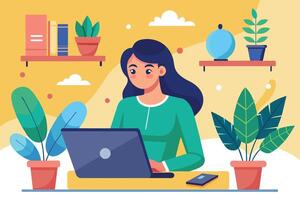A woman sits at a desk with a laptop in front of her, surrounded by plants and books. She appears to be focused on her work in a home office setting. vector