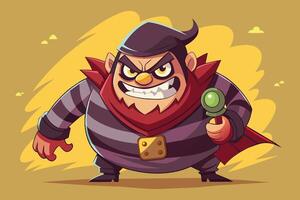 A cartoon character wearing a striped shirt and a red cape is holding a green stick and smiling mischievously. vector