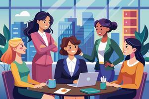 A group of four diverse businesswomen work together in a modern office setting. They are collaborating, smiling, and appearing to be happy and productive. vector