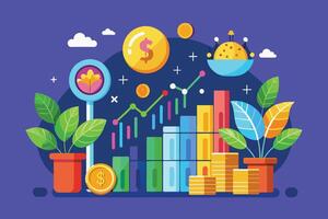 This illustration shows a growing financial bar chart with plants, coins, and a large dollar coin, representing financial success and growth. vector