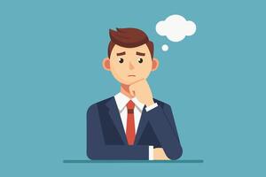 A businessman with brown hair is depicted in a blue suit with a red tie, thinking with a hand on his chin while a thought bubble hovers above his head in front of a blue background. vector