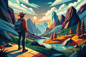 A digital illustration of a lone hiker standing on a pathway overlooking a vast and colorful landscape of mountains, a winding river, and a setting sun. vector