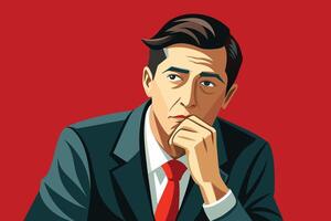 A man in a business suit sits against a red background, deep in thought. He has a thoughtful look on his face as he rests his chin on his hand. vector