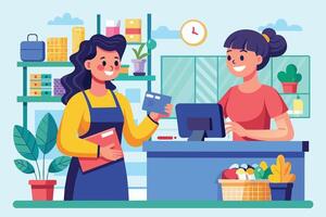 A customer is paying for groceries at the checkout counter with a credit card. The cashier is processing the payment on a computer. The customer is holding a blue credit card. vector