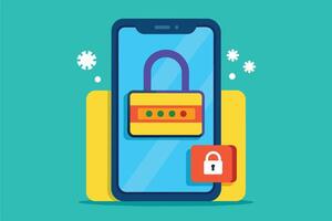 An illustration of a smartphone screen displaying a locked padlock with a password access panel, set against a teal background. vector