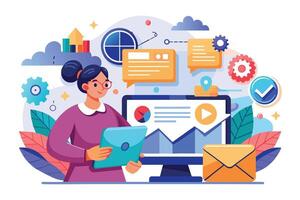 Illustration of a woman working on a computer, surrounded by digital elements representing marketing data, analytics, and email marketing. vector