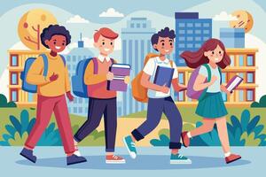 An illustration of four students walking to school, carrying backpacks and books. The students are diverse, and they are walking on a sidewalk in front of a city building. vector
