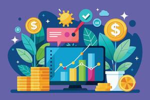 Cartoon showing computer monitor with financial chart showing upward trends, gold coins, plants, and checkmark indicate success and growth. vector