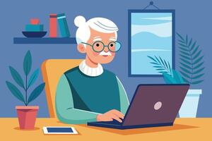 A cartoon illustration of an elderly man sitting at a desk using a laptop in a home office setting. vector