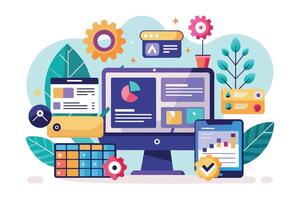 A colorful illustration depicting a desktop computer and a mobile phone, both displaying various charts, graphs, and data analysis related to business. vector