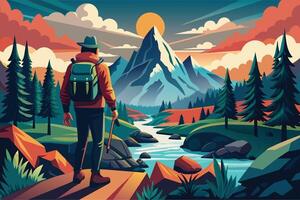 A man with a backpack stands on a cliff overlooking a winding river and a snow-capped mountain peak, with a setting sun illuminating the sky. vector