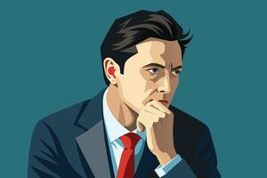 Digital illustration of a man in a suit with a red tie, looking thoughtful with hand on chin. Background is teal. vector