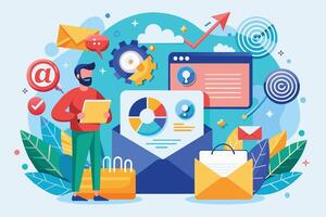 A man is standing in front of a large email icon, analyzing data and strategies for email marketing. vector
