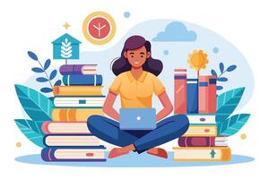An illustration of a woman sitting cross-legged amidst stacks of books, using a laptop, suggesting online learning or studying. vector
