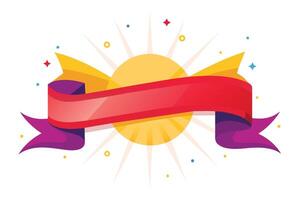 A festive, colorful illustration of a red ribbon banner with purple ends, set against a white background with a yellow sunburst and confetti. vector