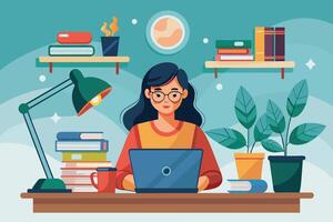 A woman sits at a desk with a laptop, working. The desk is surrounded by books, plants, and a lamp. vector
