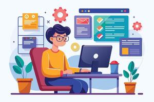 An illustration of a young man sitting at a desk in front of a computer, surrounded by colorful digital elements, representing his work. vector