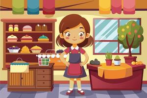 A cartoon illustration of a young girl standing in a bakery shop, wearing a red apron and smiling. The shop has a display shelf with baked goods and a counter with a cash register. vector