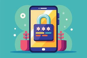 An illustration of a smartphone with a lock and four stars on the screen, symbolizing security and privacy. vector