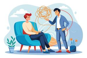 An illustration depicting a man sitting in a blue chair, receiving therapy from another man who is untangling a messy ball of string above his head, representing his thoughts. vector