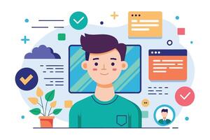 Illustration of a man smiling and working on a digital interface with green check marks. vector