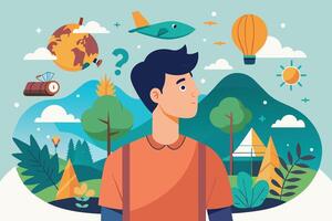 A man stands in front of a whimsical landscape, contemplating travel options with a globe, airplane, hot air balloon, and a camping scene. He is unsure of where to go next. vector