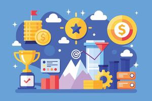 A colorful illustration depicting the concept of business success and growth with visual elements like money, a trophy, and mountains representing milestones and achievement. vector