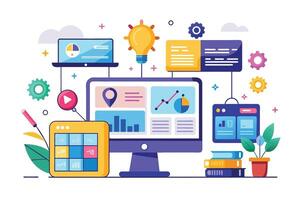An illustration depicting a modern desktop computer displaying business analytics and data visualization, surrounded by various icons representing digital tools and ideas. vector