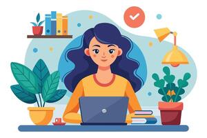 A woman sits at her desk, smiling at the camera, working on her laptop computer. She is surrounded by plants, books, and a desk lamp. vector